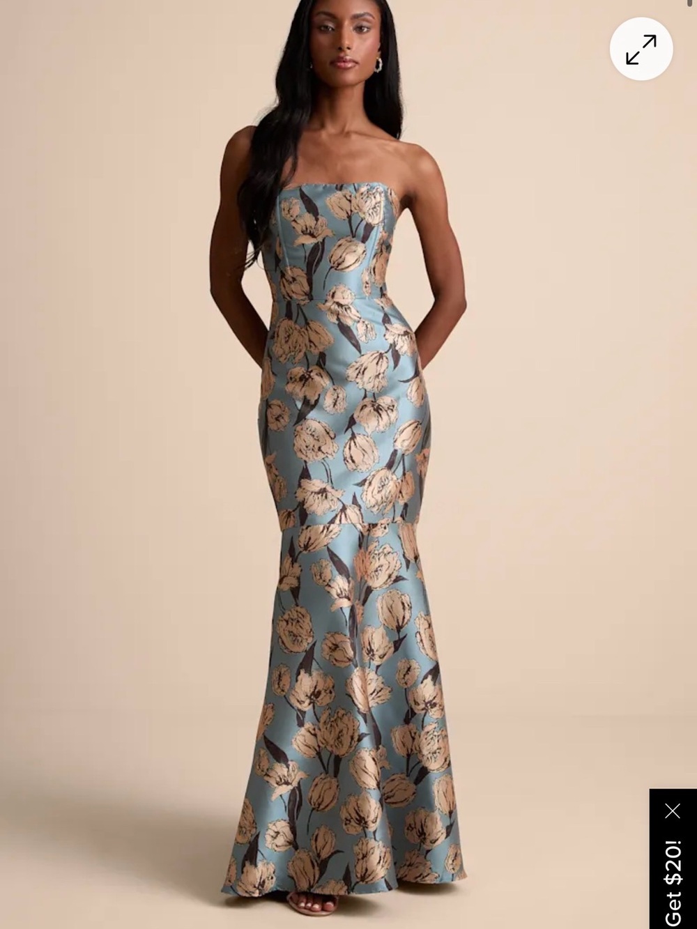 Lulus Gowning Around Slate Blue Floral Jacquard Strapless Maxi Dress – Size L